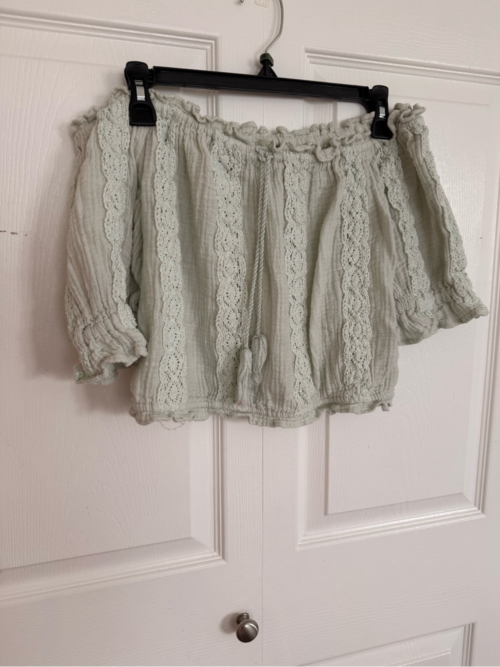 American Eagle Outfitters Sage Green Off-Shoulder Lace-Trim Top